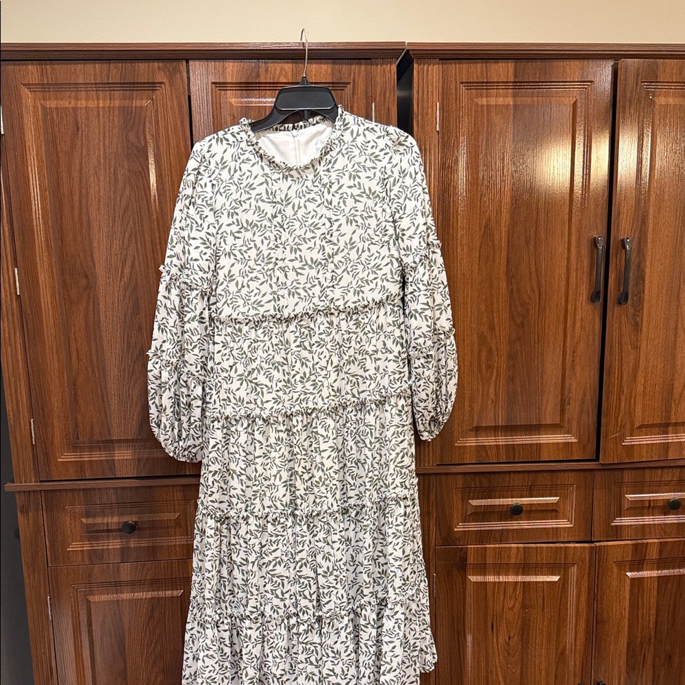 Dainty Jewells White Dress with Olive Leaf Print, Long Sleeve Tiered Midi